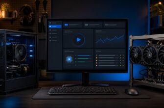 Компьютер и GPU-ферма с графическим интерфейсом программы EasyMiner