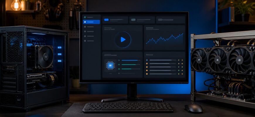 Компьютер и GPU-ферма с графическим интерфейсом программы EasyMiner