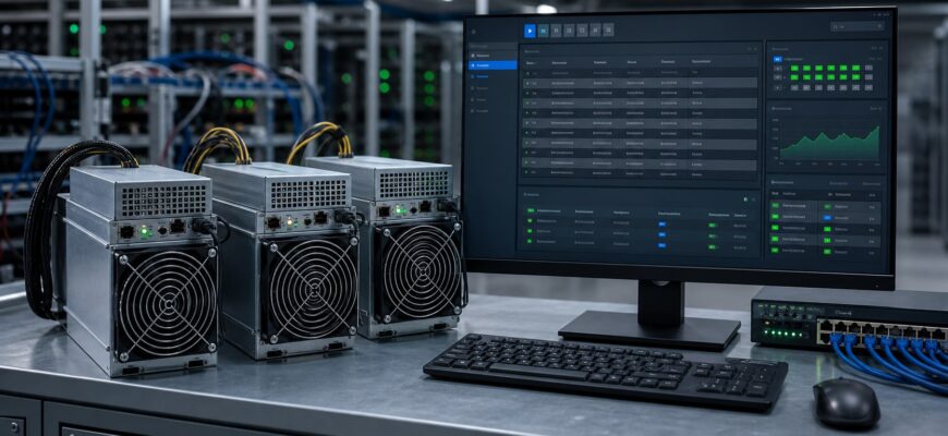 ASIC-майнеры и экран программы для поиска и настройки WhatsMiner в локальной сети